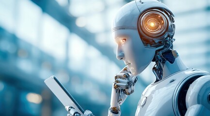 Poster - A modern android, pondering over a digital device, embodies advanced technology and the future.