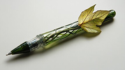 Poster - A decorative pen with green leaves and a golden leaf