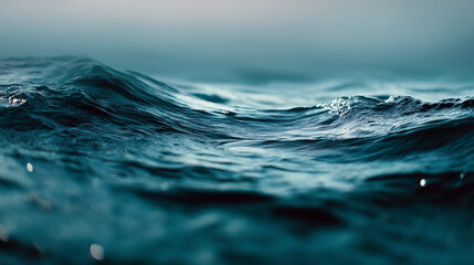 Poster - A close up view of ocean waves with a misty background and dark blue and light blue water tones