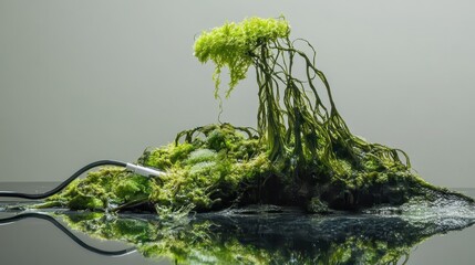 Poster - Green mossy structure with a black and white cable connection
