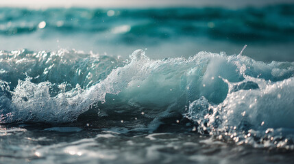 Poster - Close up of a wave crashing on the shore with water droplets and sea foam on a bright sunny day