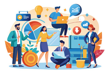 Poster - A team of business professionals work together to analyze data, develop a strategy, and achieve success. They use technology and a variety of tools to make informed decisions.