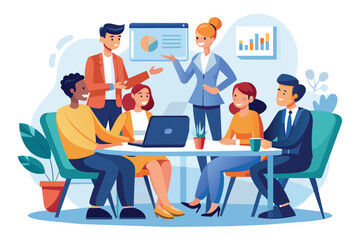 Poster - A business team of five people is having a meeting around a table. Two people are standing and three are sitting, while all of them are looking at a laptop and charts.