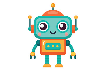 Poster - Happy cartoon robot with big eyes, smile, and teal, orange, yellow colors. Rectangular head, antennas, arms, hands, and rectangular chest panel.