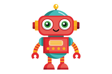 Poster - A cartoon illustration of a smiling red robot with big green eyes and yellow accents, isolated on a white background.