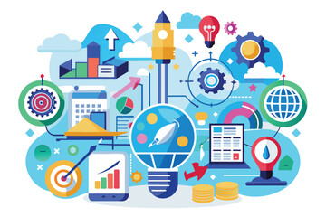 Poster - A colorful illustration featuring a lightbulb with a rocket inside, surrounded by various icons representing business growth strategies, including goals, data, innovation, and success.