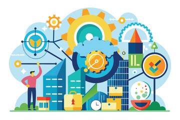 Poster - An illustration of a man standing in front of a complex cityscape, working on a project involving gears, a cloud, buildings, and other elements.