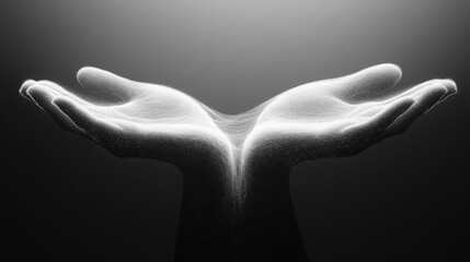 Wall Mural - Օpen hand, magical, black and white, clean vector lines, symmetrical, black background․