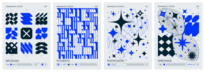 Leinwandbilder - Brutalism style vector minimalistic Posters with silhouette postmodern figures, Futuristic abstract graphic elements of geometric shapes rave composition, Trendy modern color print artwork, set 83