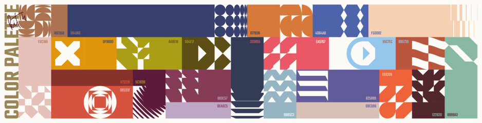 Aufkleber - Colour palette set, trendy different combined colors with codes, vector banner with colorful ornament of abstract geometric shapes in brutalism style, modern collage postmodern figures kit 4