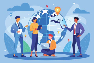 Poster - A team of diverse professionals collaborate around a globe, representing global business expansion and communication.