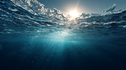Poster - A view from underwater showing the surface of the ocean and sunlight shining through the water