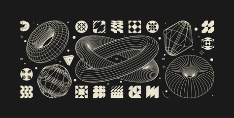 Poster - Vector graphic assets kit acid style, Postmodern abstract geometric shapes with wireframe elements of different forms, Y2K trendy design in brutalism aesthetic, template symbols set 10