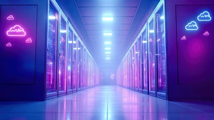 Poster - A perspective view of a modern data center with cloud computing elements and neon lighting.