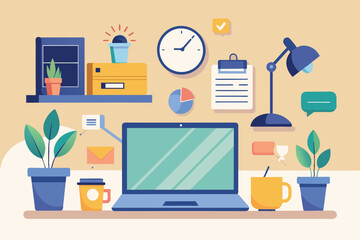 Poster - A flat design illustration of a modern home office desk with a laptop, plants, coffee cup, and other work-related items.