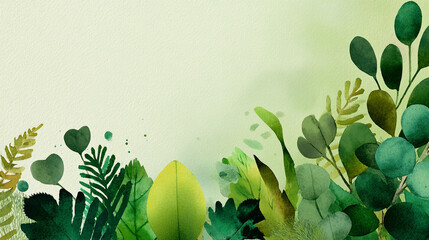 Poster - Watercolor painting of various green leaves and plants on a light green and white background space