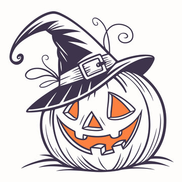 Halloween Pumpkin Head Vintage Vector Jack-o'-Lantern with Witch Hat and Glowing Face – Classic Halloween Design
