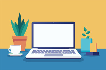 Poster - A modern laptop with a blank screen sits on a blue desk with a coffee cup and plants on either side.