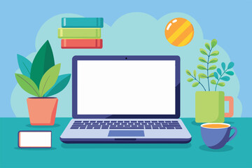 Poster - A modern laptop with a blank screen sits on a green desk, surrounded by plants, books, and a cup of coffee.