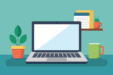 Poster - A flat illustration of a laptop on a teal desk with a green mug and a plant in a pot.
