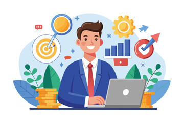 Poster - A cartoon illustration of a happy businessman working on a laptop with a variety of financial icons surrounding him, including a target, a graph, and coins.