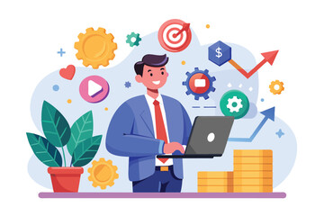 Poster - An illustration of a businessman using his laptop to grow his business and achieve his goals, depicted by upward arrows and stacks of gold coins.