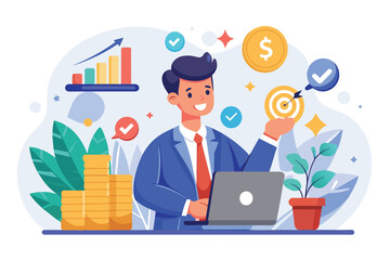 Poster - A cartoon businessman sits at a desk, smiling and pointing at a target with an arrow in it. He is using a laptop, and the image shows signs of financial growth and achievement.