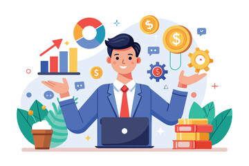 Poster - A businessman in a blue suit is working on a laptop, surrounded by charts, coins, and gears, representing success and progress.