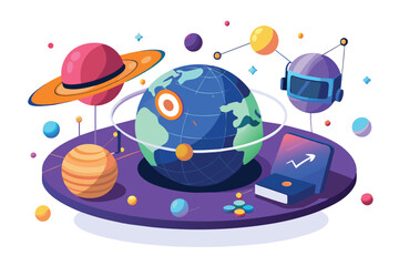 Poster - An illustration depicting a globe surrounded by planets, stars, and digital devices, symbolizing innovation and growth in a globalized world.