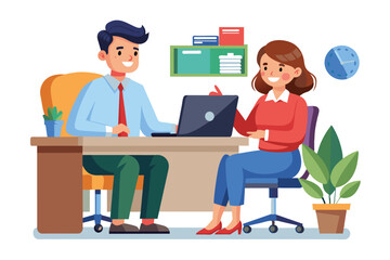 Poster - A cartoon illustration of a businessman and businesswoman having a conversation at a desk, with a laptop open in front of them.