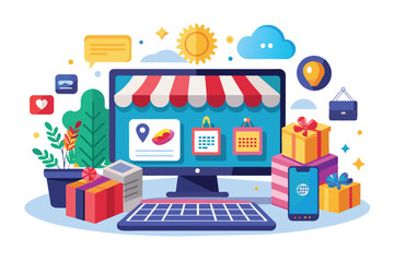 Aufkleber - An illustration of a modern online store website interface featuring digital shop awnings and gift boxes.