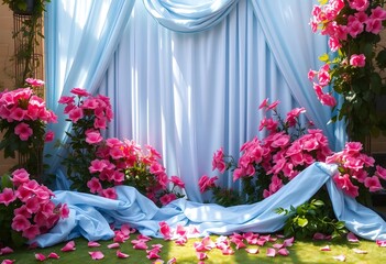 Poster - Serene Blue Fabric Backdrop, Pink Flowers, And Gentle Sunlight Create A Romantic Natural Scene. Fallen Petals Enhance Tranquility. Perfect For Weddings, Special Occasions. Soft Light Beauty