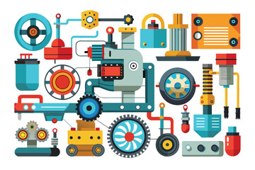 Poster - A flat design illustration of a complex machine with many interconnected parts, featuring wheels, gears, pipes, and other mechanical elements.