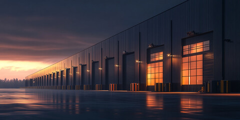 Aufkleber - Long warehouse building at sunset, illuminated loading docks, reflective ground, showcasing industrial architecture and potential for business or logistics concepts