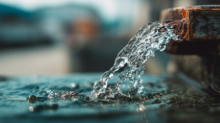 Poster - Water flowing from a pipe into a pool creating a splash with a blurred background in the distance