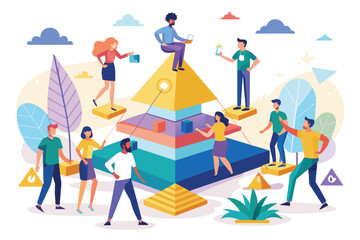 Poster - A colorful illustration of diverse people working together on a multi-layered pyramid structure. They appear to be collaborating on a project, representing teamwork and success.