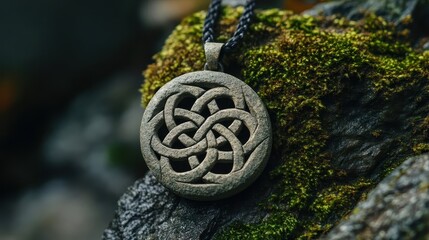 Poster - A circular stone pendant featuring an intricate knot design