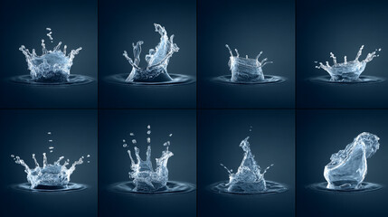 Poster - Eight water droplet collisions creating crown shapes on a dark blue background in a grid pattern