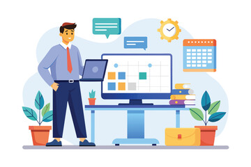 Poster - A man stands in front of his desk, holding a laptop. The computer screen shows a calendar and clock, indicating his focus on time management. There is also a calendar hanging on the wall.