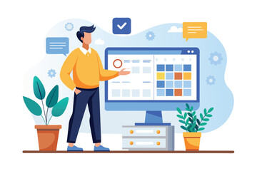 Poster - An illustration of a man standing in front of a computer monitor, presenting a data visualization and a calendar schedule.