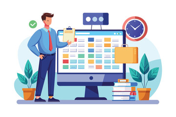 Poster - A businessman plans his schedule using a desktop computer, with a colorful calendar and task list, while standing next to his desk.