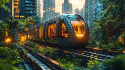 Aufkleber - A smarttrain glides smoothly on tracks surrounded by lush greenery and skyscrapers, emphasizing the integration of nature and advanced mobility technology in urban settings.
