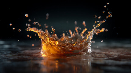 Poster - Close up shot of a golden liquid splashing on a dark surface with a dark background behind it