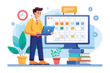 Poster - An illustration of a businessman working on his laptop while checking a digital calendar on a desktop computer.