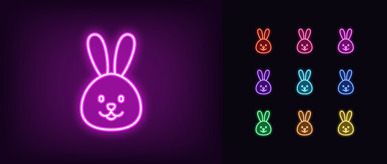 Poster - Outline neon rabbit face icon set. Glowing neon cute bunny head icon, rabbit emoji with smile. Easter bunny face, cartoon funny hare, cute animal emoticon, rabbit ears. Vector icons set