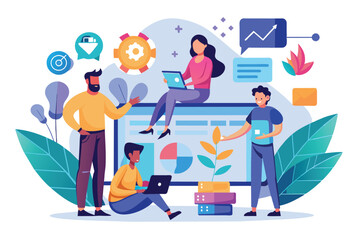 Poster - A diverse team of professionals collaborates on a digital project using data analytics and growth charts. The image depicts teamwork, progress, and technology.