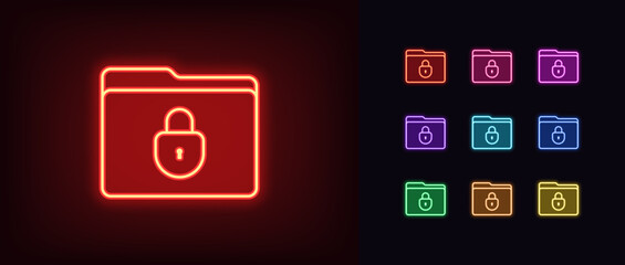 Poster - Outline neon locked folder icon set. Glowing neon computer folder with lock icon, blocked data access. Document protection, digital file folder with locked access, data storage security. Vector icons