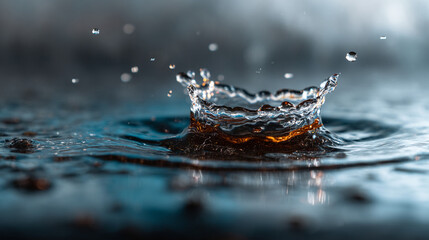 Poster - A close up shot of a water droplet creating a splash with ripples on a reflective surface
