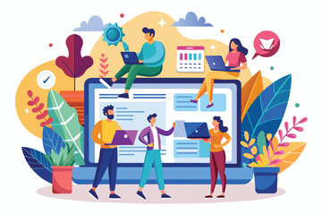 Poster - An illustration of a team of people working on a website. They are using laptops and discussing their ideas.