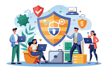 Poster - Professional team works together using technology to protect data with cybersecurity shield, ensuring safety of sensitive information.